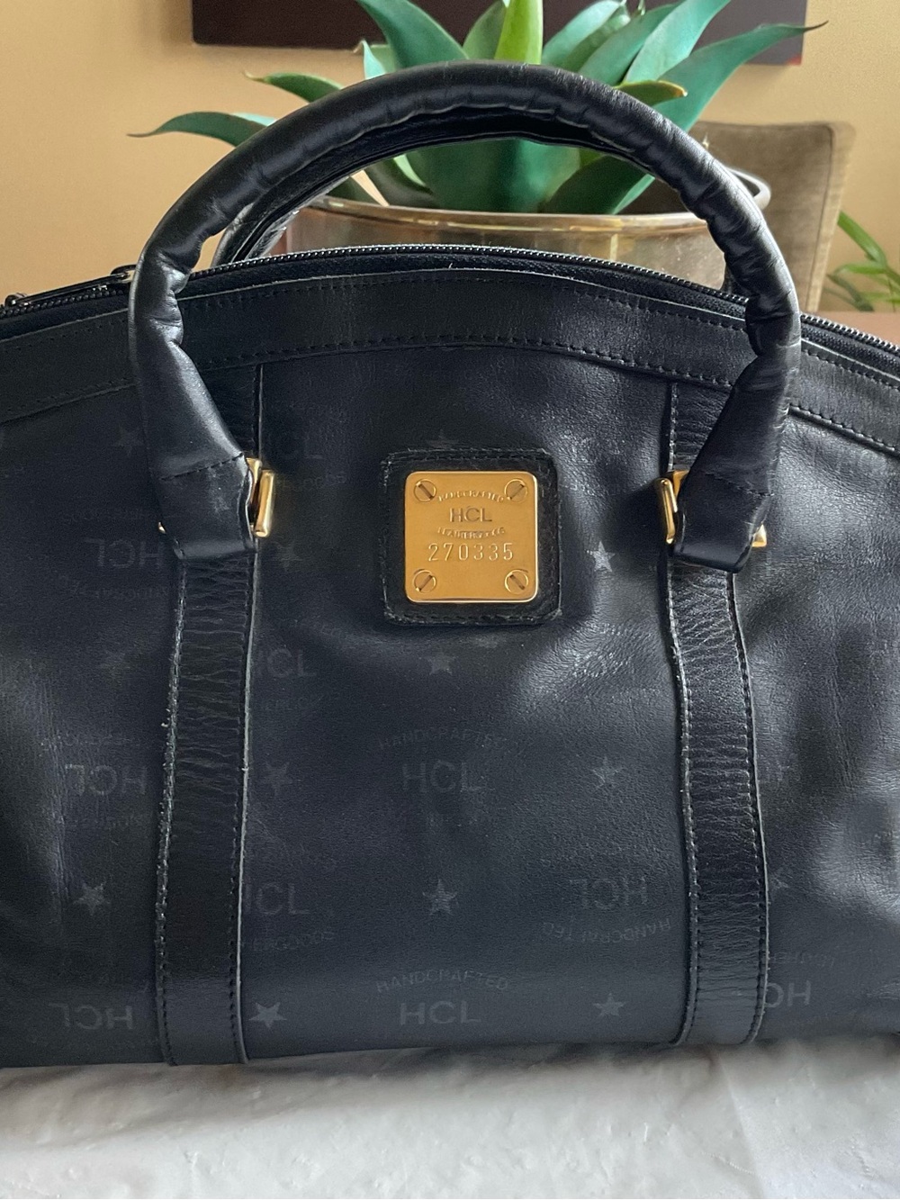Vintage HCL Germany Black Leather Handcrafted Leathergoods Satchel Handbag